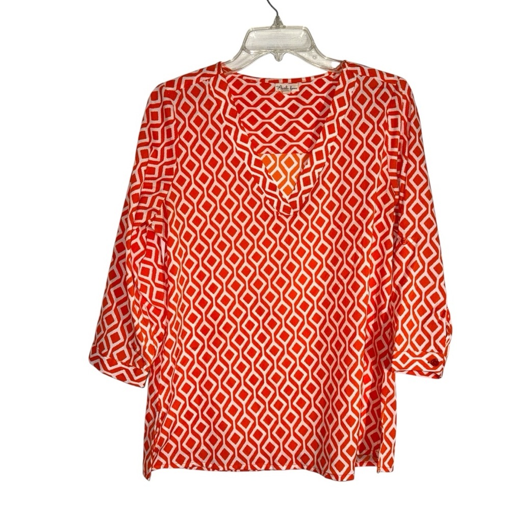 Antilia Femme Bright Orange and White Geometric V-Neck 3/4 Sleeve Tunic S